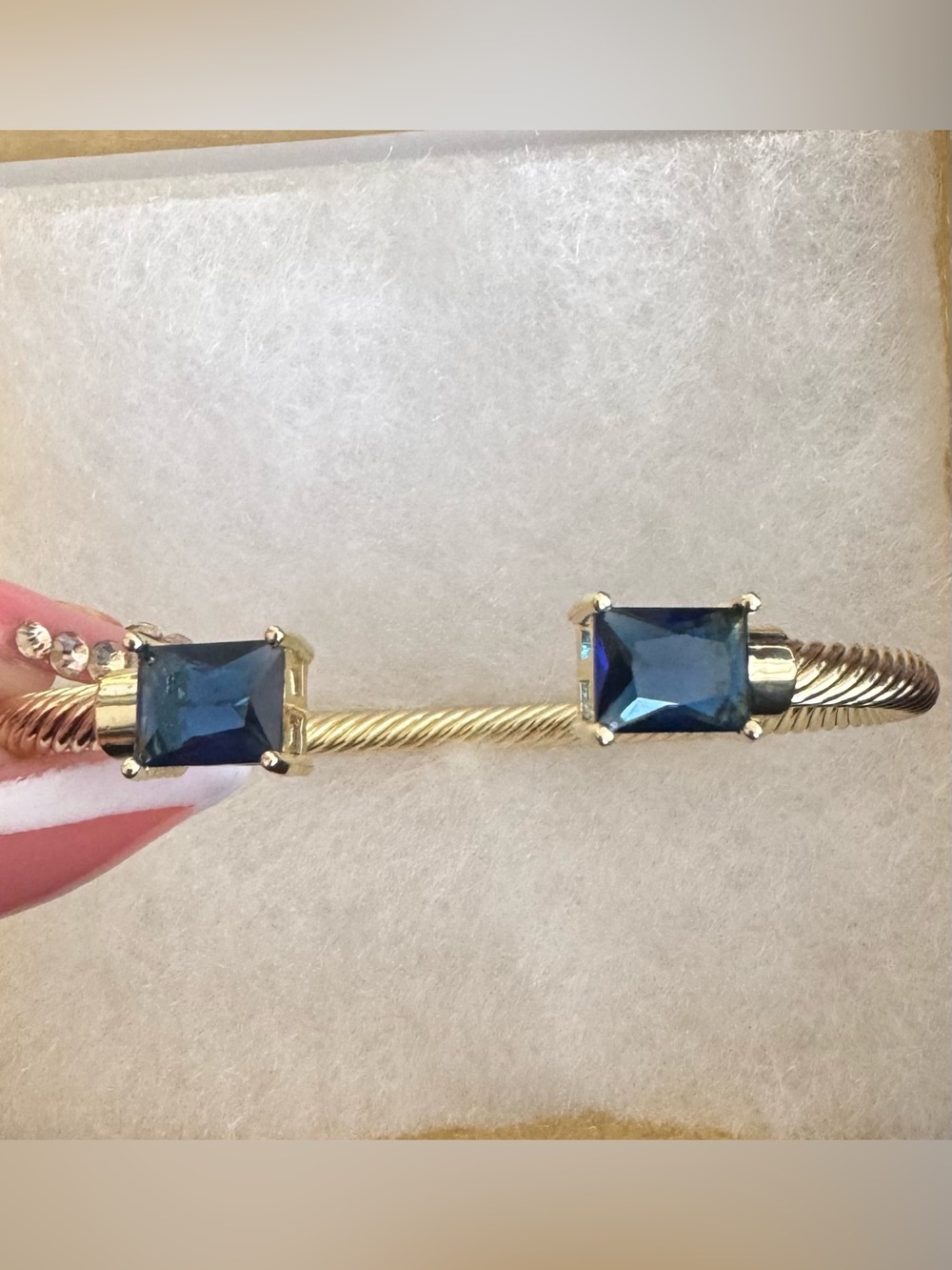 Gold Cable Bracelet with Deep Blue Square Crystal Accents